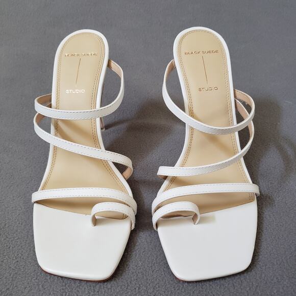 BLACK SUEDE STUDIO Cindy Sandal Heels White Leather‎ Women's Size 8 BSUE-WZ5 - Picture 1 of 16